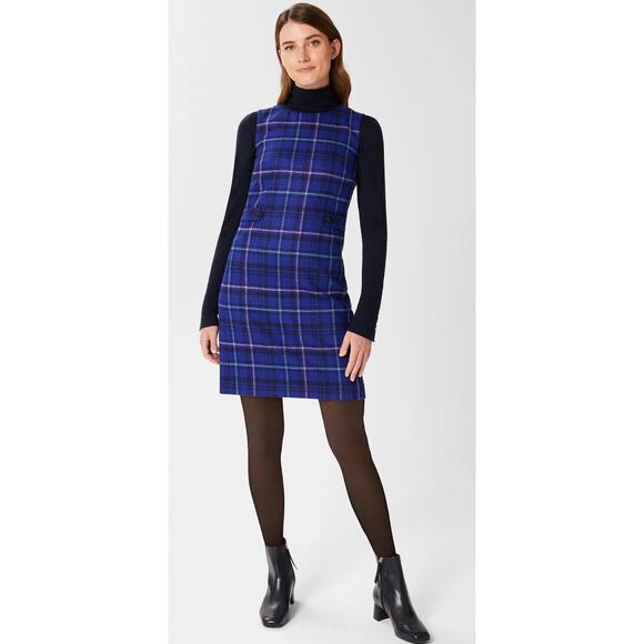 Hobbs Emberly Moon Wool Mini Shift Dress Check Cobalt Multi Classic Sz 8 - Picture 1 of 16